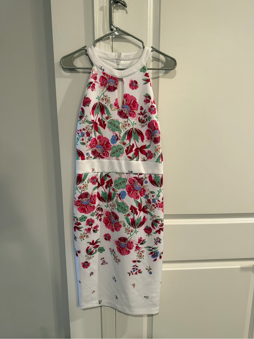 White Floral Halter Dress with Pink & Green Accents